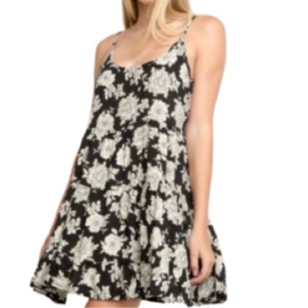 Brandy Melville Floral Mini Dress Black White Spaghetti Strap Tiered Babydoll OS